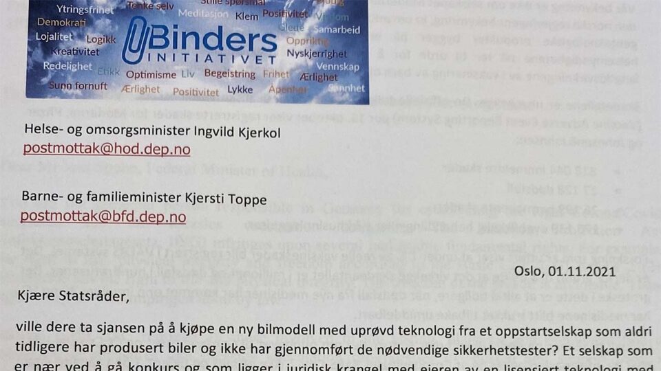 Bindersinitiativet sender åpent brev til statsrådene – vaksinering av barn og unge må stanse!